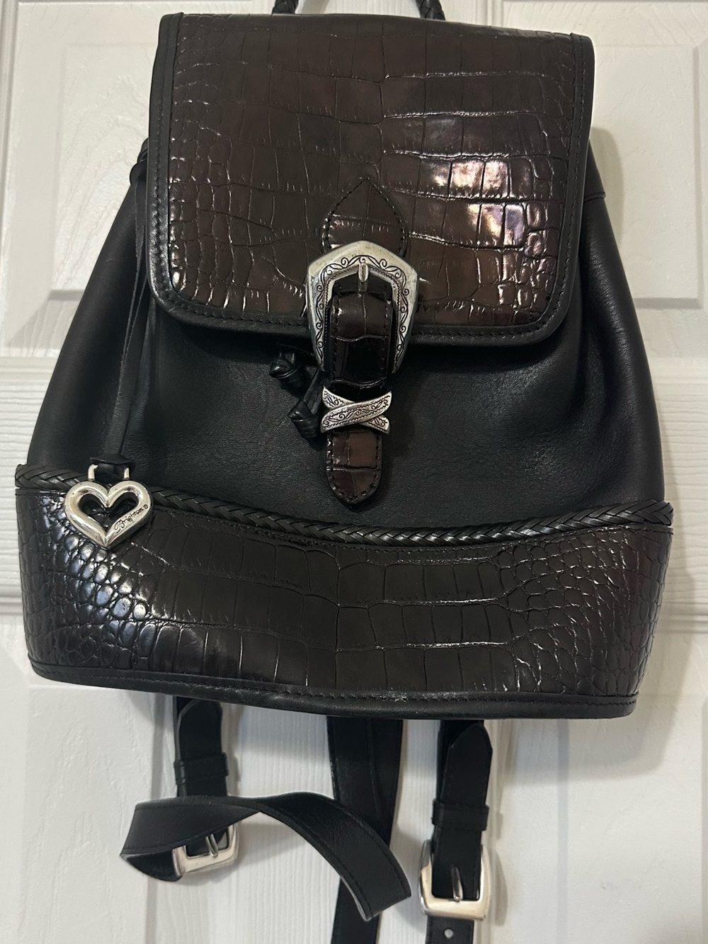 Brighton Black Leather Croc-Embossed Backpack with Silver Heart Charm